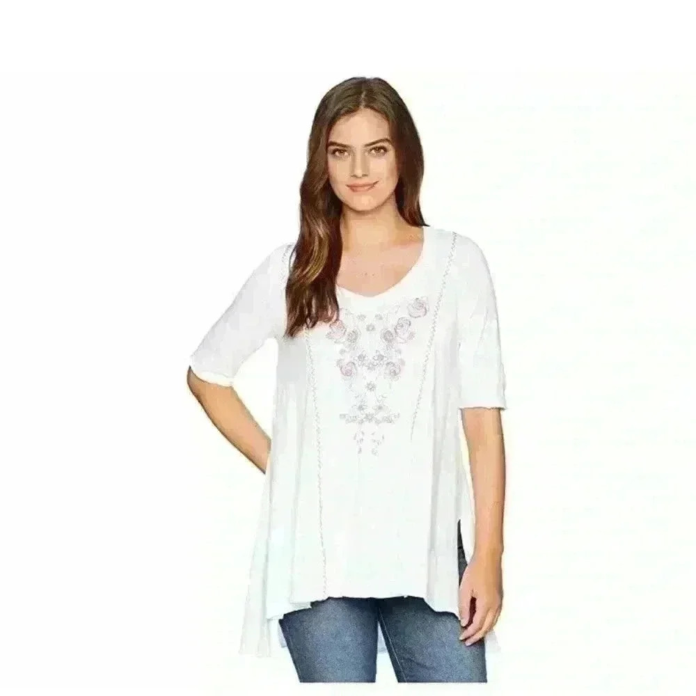 Mod-o-doc Slub Jersey Swing Tunic Embroidery, Women's Size XS, White
